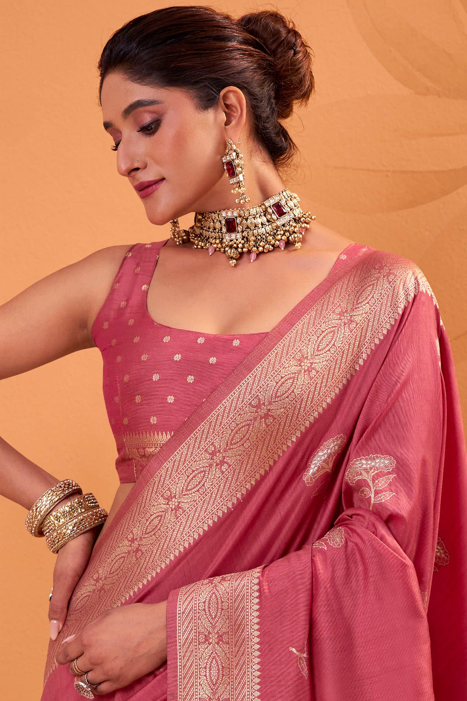 Rhapsodic Pink Banarasi Tussar Silk Saree With Zephyr Blouse Piece