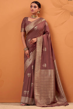 Dalliance Brown Banarasi Tussar Silk Saree With Demesne Blouse Piece