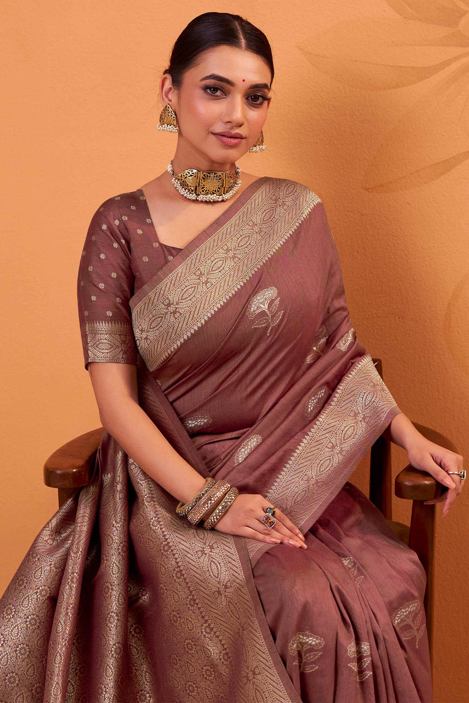 Dalliance Brown Banarasi Tussar Silk Saree With Demesne Blouse Piece