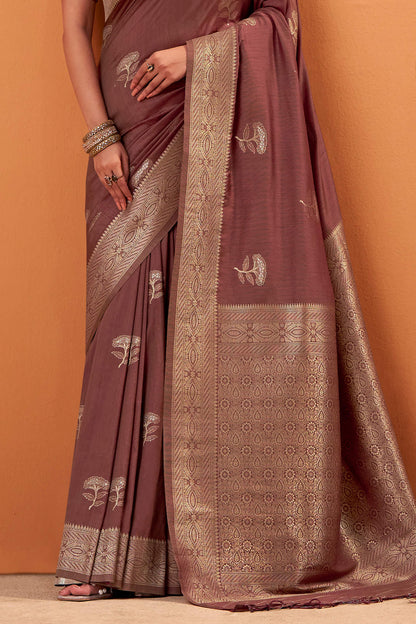 Dalliance Brown Banarasi Tussar Silk Saree With Demesne Blouse Piece
