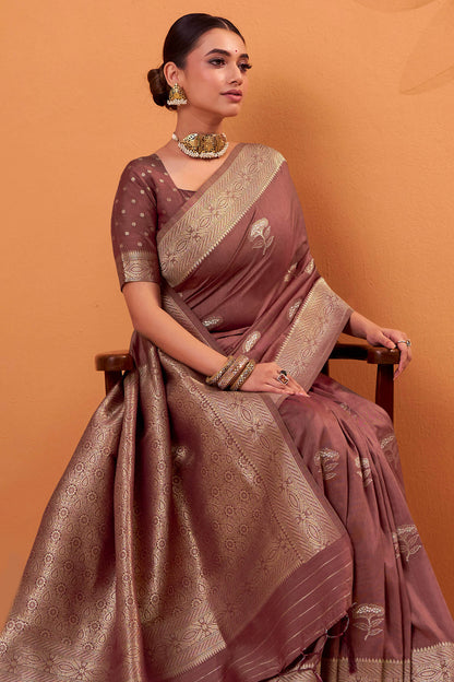 Dalliance Brown Banarasi Tussar Silk Saree With Demesne Blouse Piece