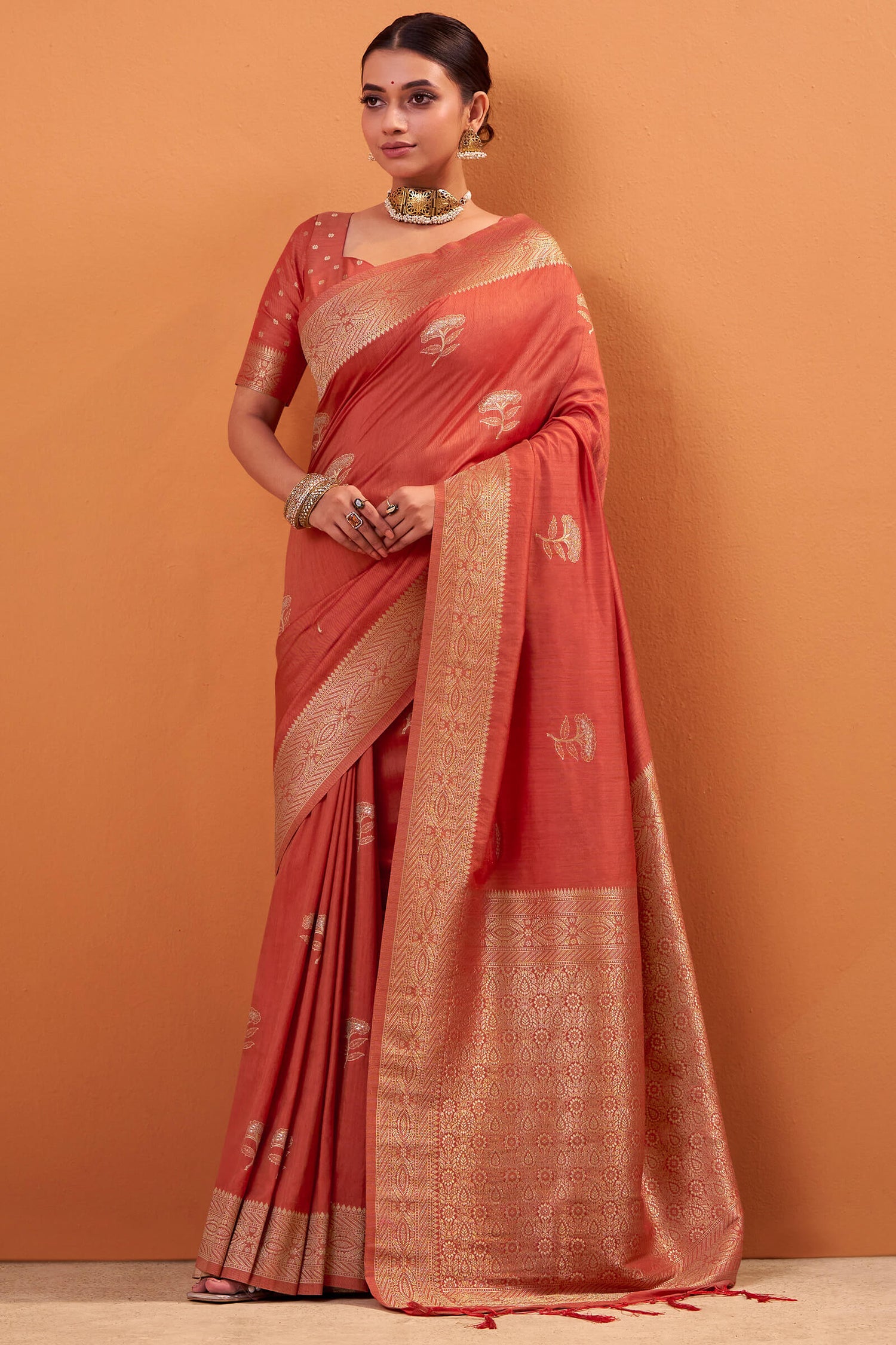 Whimsical Red Banarasi Tussar Silk Saree With Pleasurable Blouse Piece