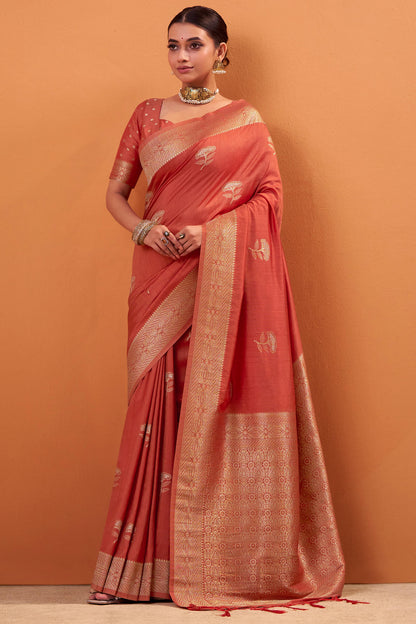 Whimsical Red Banarasi Tussar Silk Saree With Pleasurable Blouse Piece