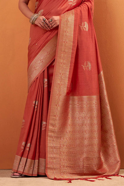 Whimsical Red Banarasi Tussar Silk Saree With Pleasurable Blouse Piece