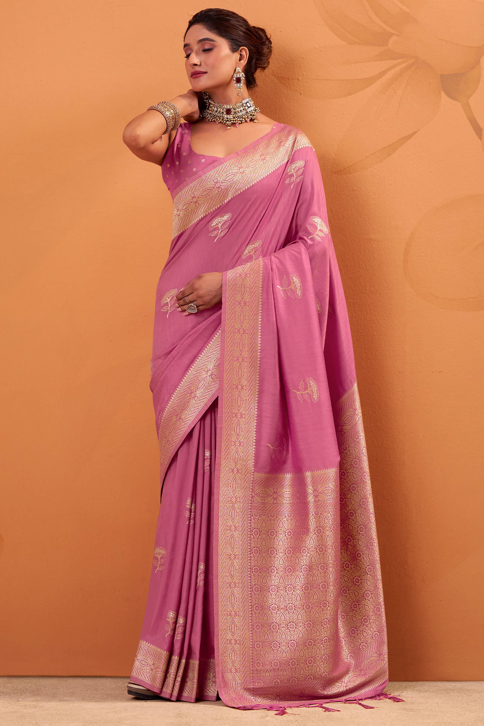 Improbable Baby Pink Banarasi Tussar Silk Saree With Glowing Blouse Piece