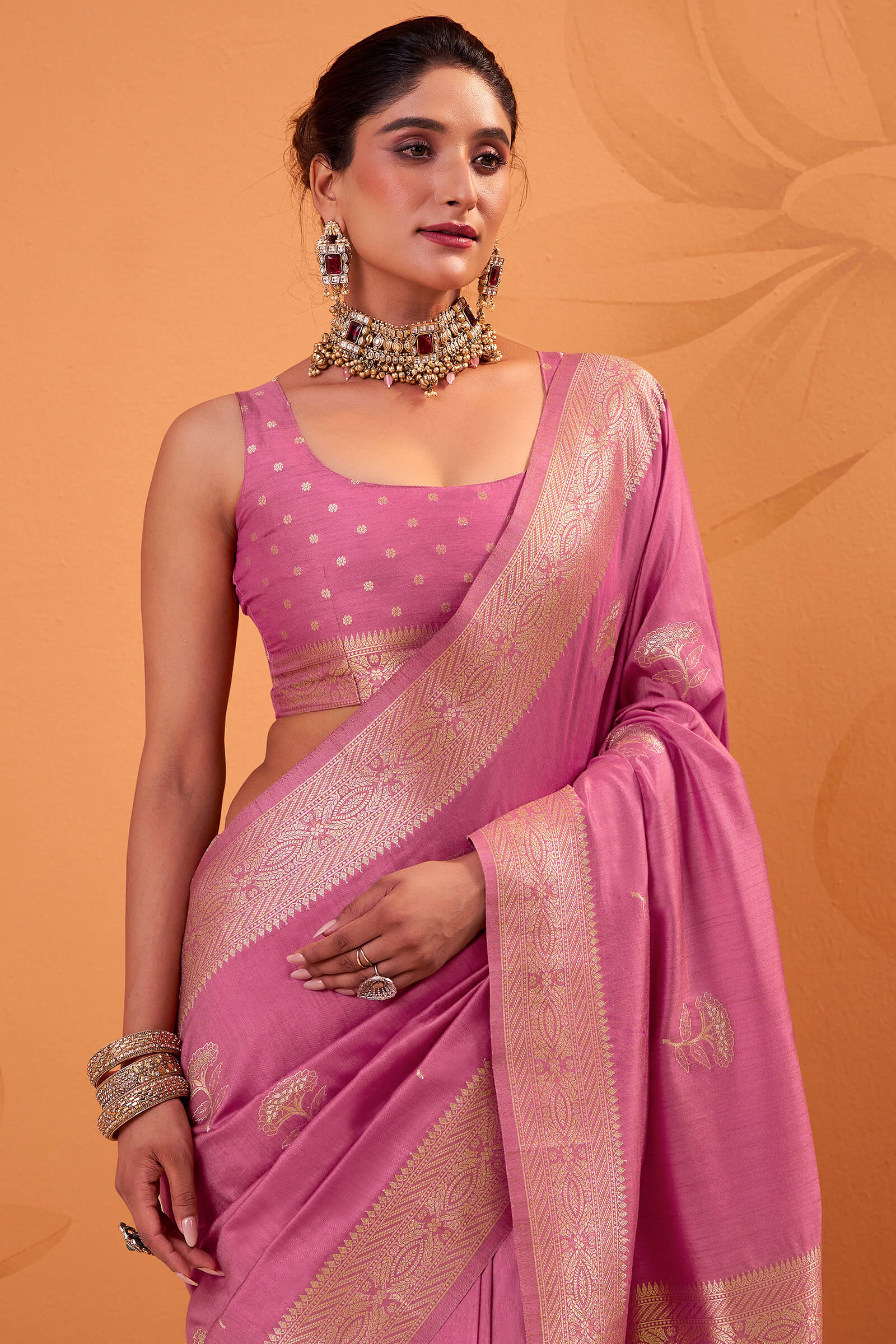 Improbable Baby Pink Banarasi Tussar Silk Saree With Glowing Blouse Piece