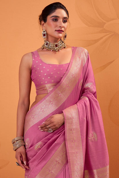 Improbable Baby Pink Banarasi Tussar Silk Saree With Glowing Blouse Piece