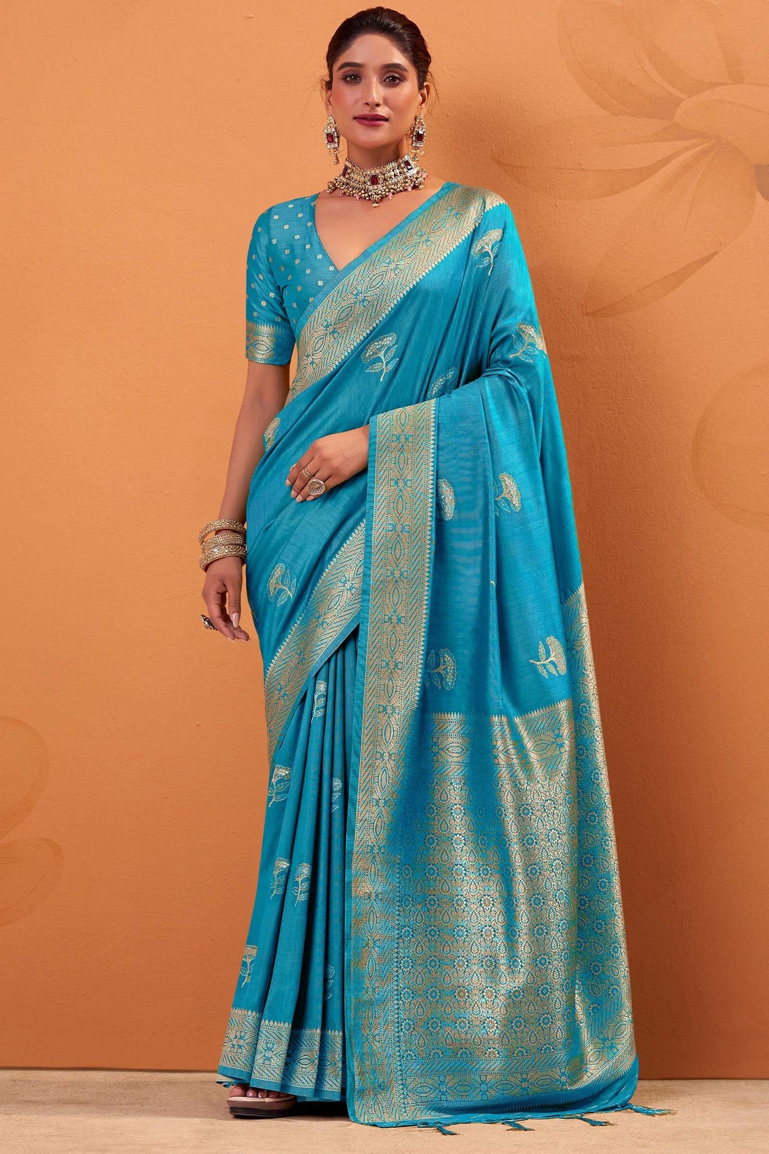 Supernal Firozi Banarasi Tussar Silk Saree With Rhapsody Blouse Piece