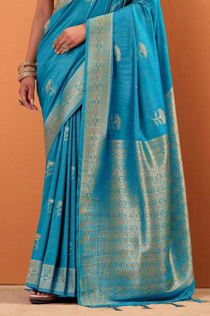 Supernal Firozi Banarasi Tussar Silk Saree With Rhapsody Blouse Piece