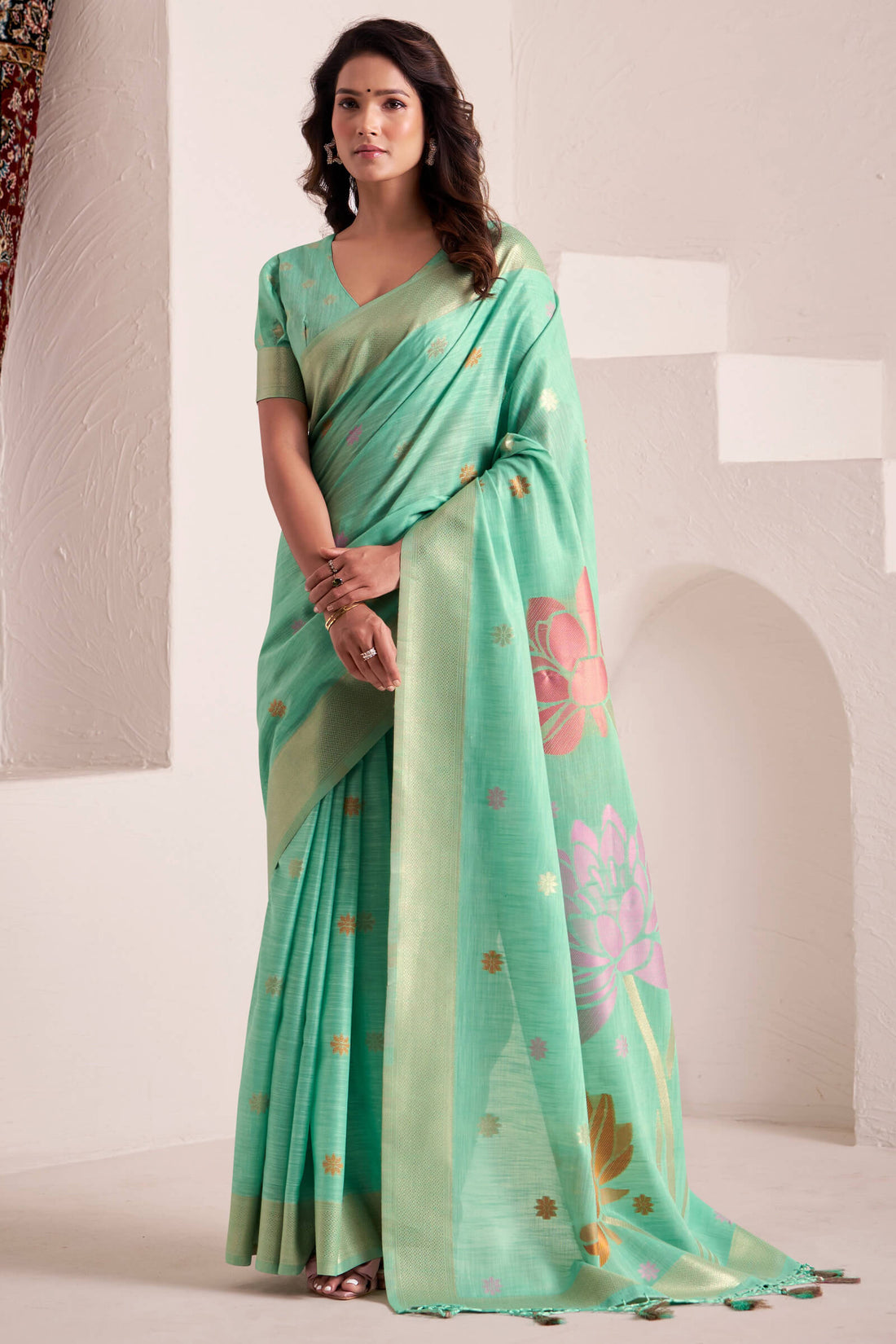 Evanescent Turquoise Cotton Silk Saree With Refreshing Blouse Piece