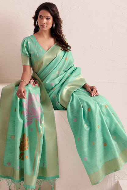 Evanescent Turquoise Cotton Silk Saree With Refreshing Blouse Piece
