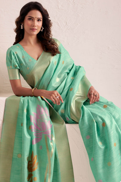 Evanescent Turquoise Cotton Silk Saree With Refreshing Blouse Piece