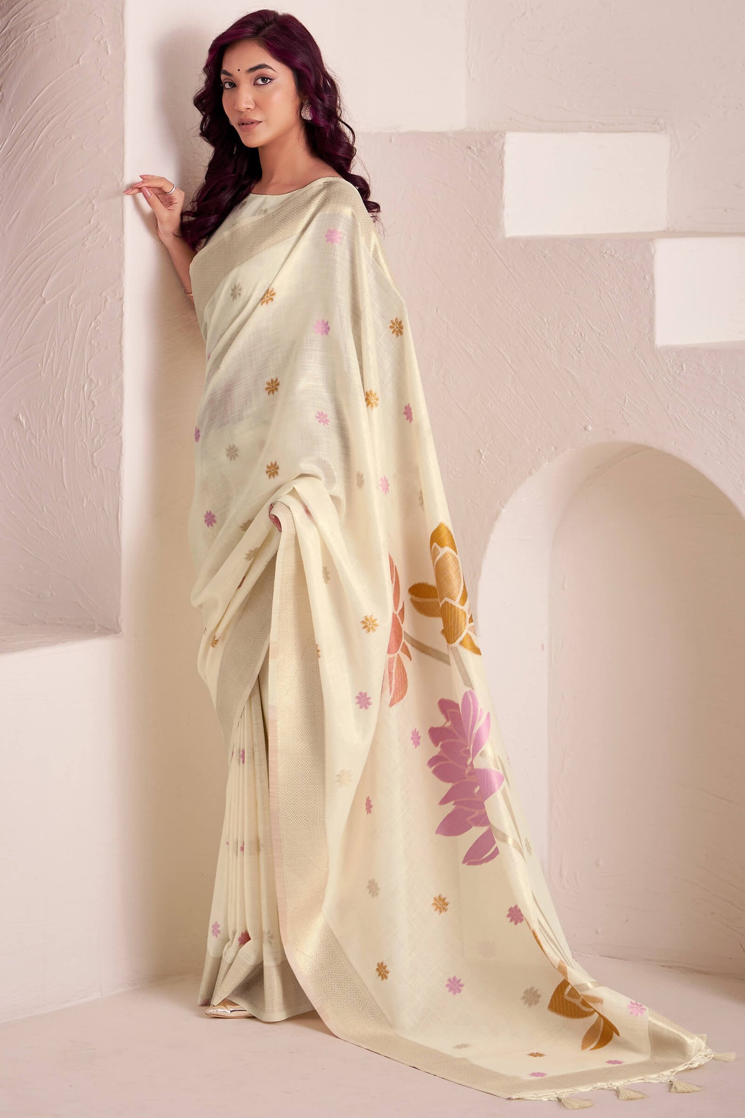 Dalliance Beige Cotton Silk Saree With Blooming Blouse Piece