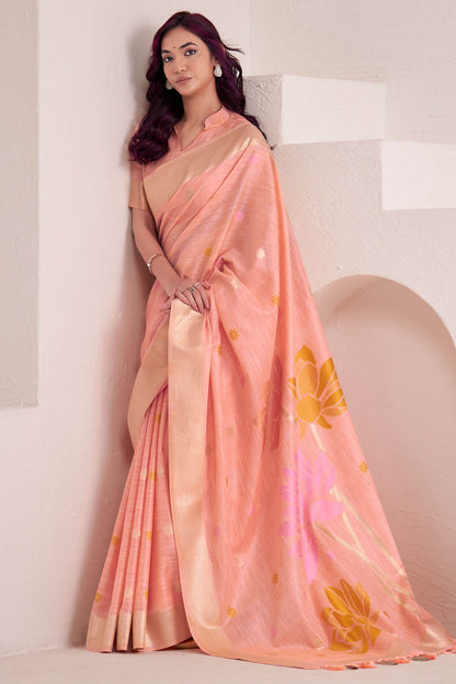 Beauteous Peach Cotton Silk Saree With Embellished Blouse Piece