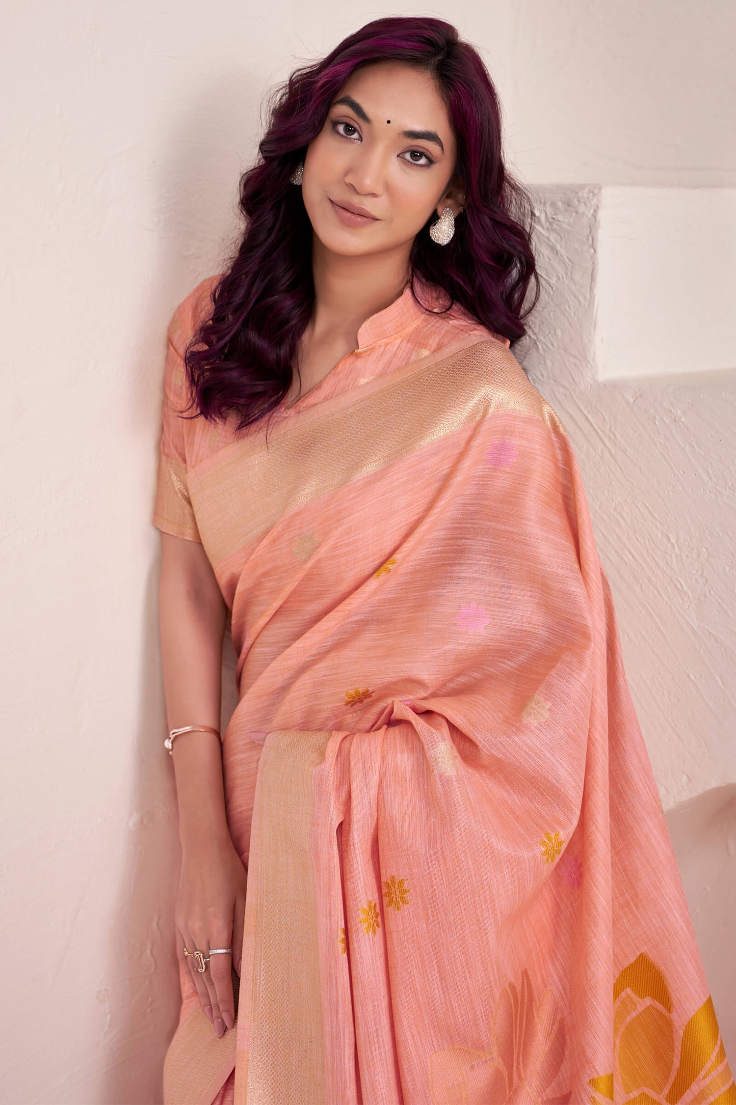 Beauteous Peach Cotton Silk Saree With Embellished Blouse Piece
