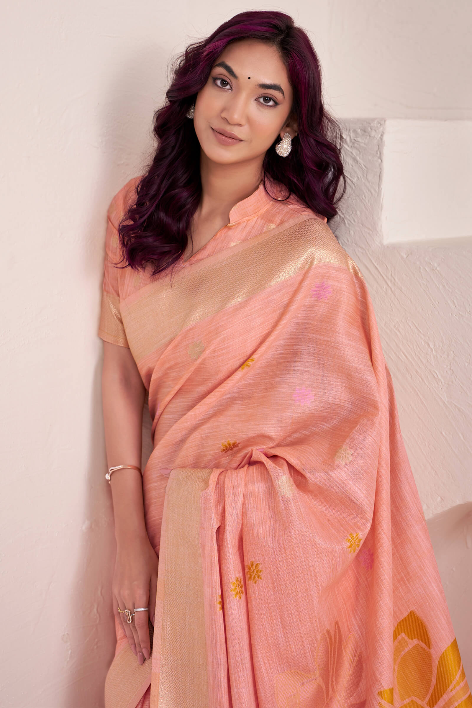 Beauteous Peach Cotton Silk Saree With Embellished Blouse Piece