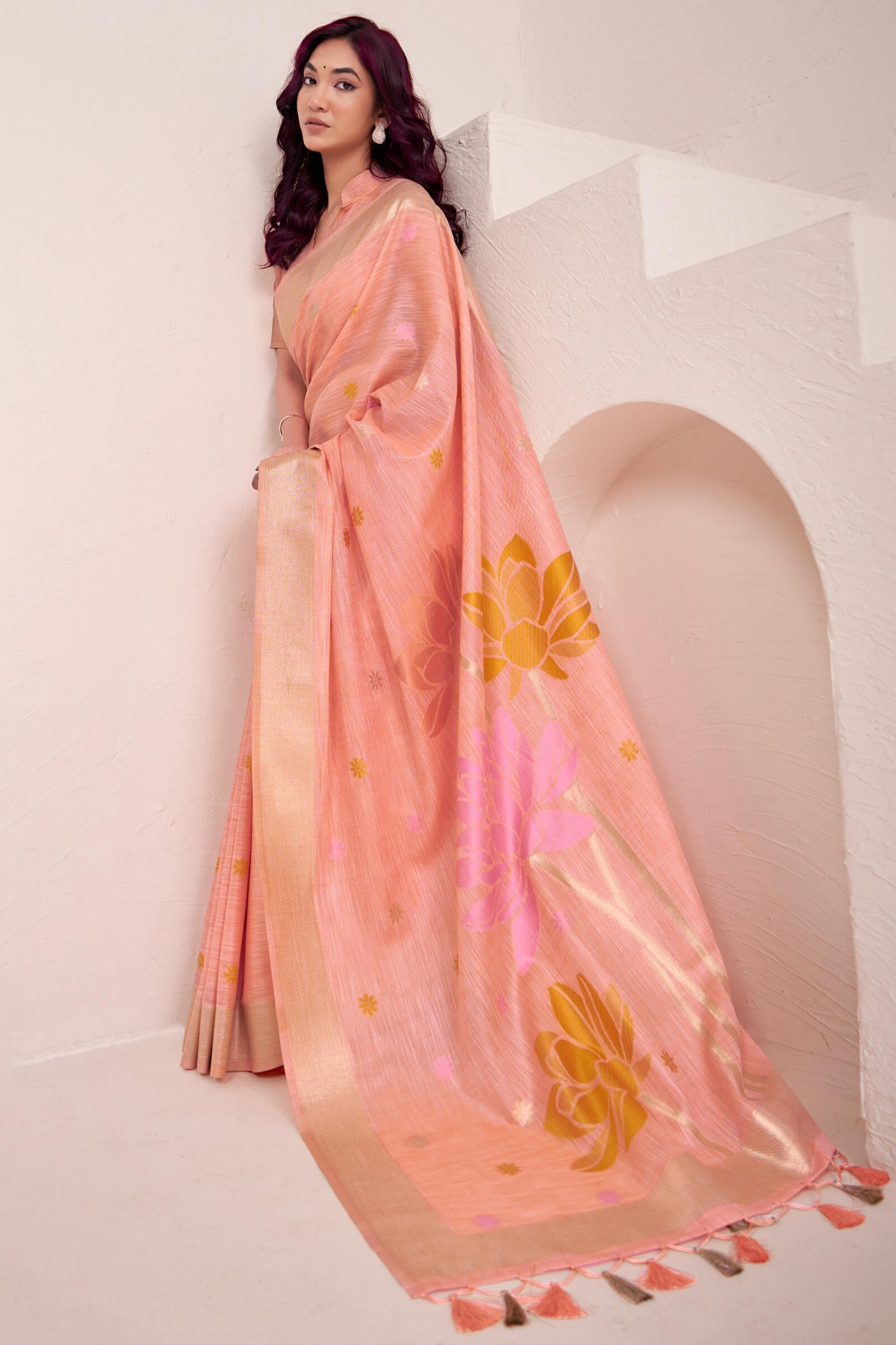 Beauteous Peach Cotton Silk Saree With Embellished Blouse Piece