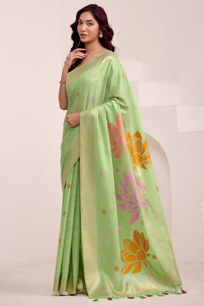Snazzy Green Cotton Silk Saree With Prodigal Blouse Piece