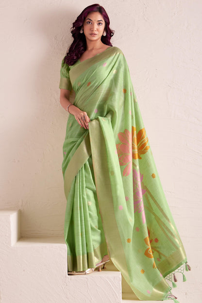 Snazzy Green Cotton Silk Saree With Prodigal Blouse Piece