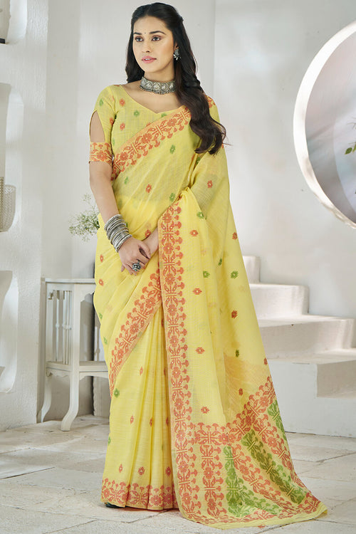 Load image into Gallery viewer, Flamboyant Yellow Cotton Silk Saree With Surpassing Blouse Piece
