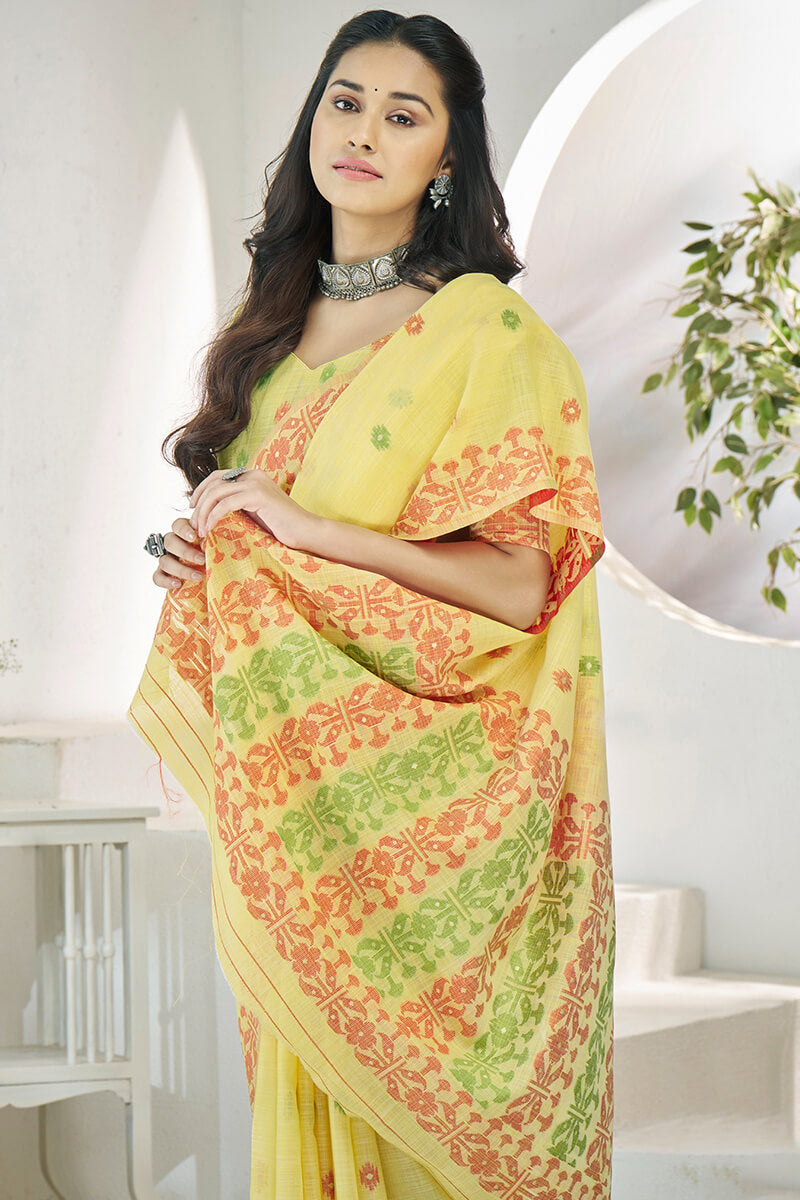 Flamboyant Yellow Cotton Silk Saree With Surpassing Blouse Piece