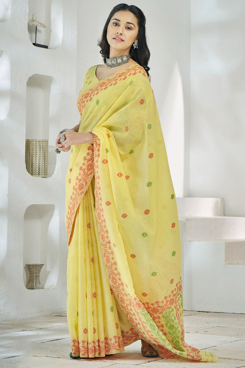 Flamboyant Yellow Cotton Silk Saree With Surpassing Blouse Piece