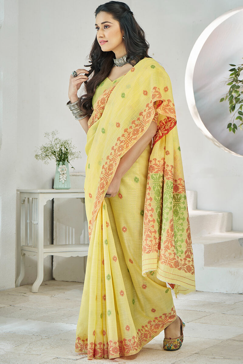 Flamboyant Yellow Cotton Silk Saree With Surpassing Blouse Piece