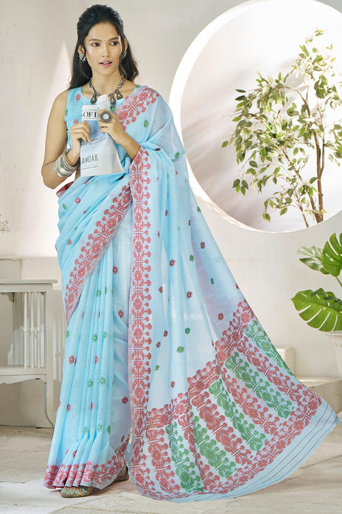 Load image into Gallery viewer, Wonderful Sky Cotton Silk Saree With Amazing Blouse Piece
