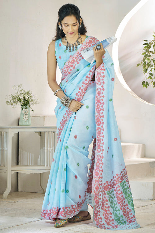 Load image into Gallery viewer, Wonderful Sky Cotton Silk Saree With Amazing Blouse Piece
