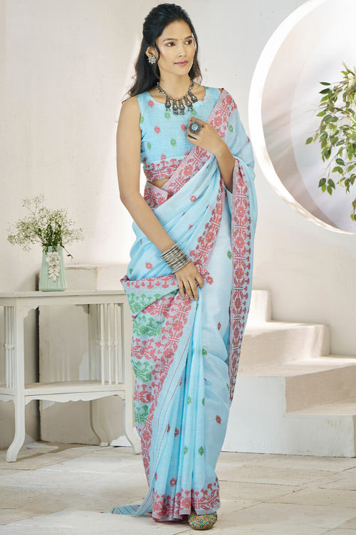 Load image into Gallery viewer, Wonderful Sky Cotton Silk Saree With Amazing Blouse Piece
