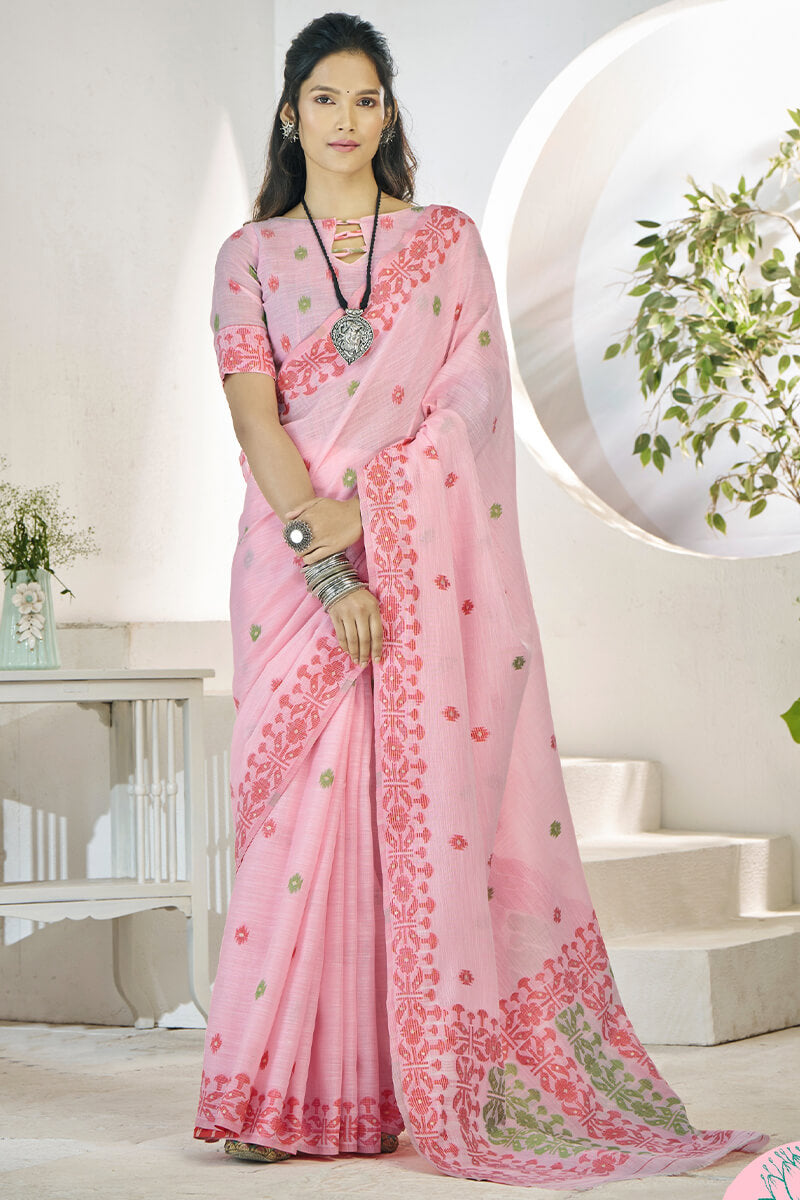 Preferable Pink Cotton Silk Saree With Exquisite Blouse Piece