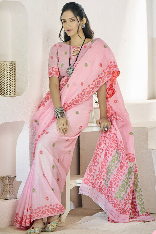 Load image into Gallery viewer, Preferable Pink Cotton Silk Saree With Exquisite Blouse Piece
