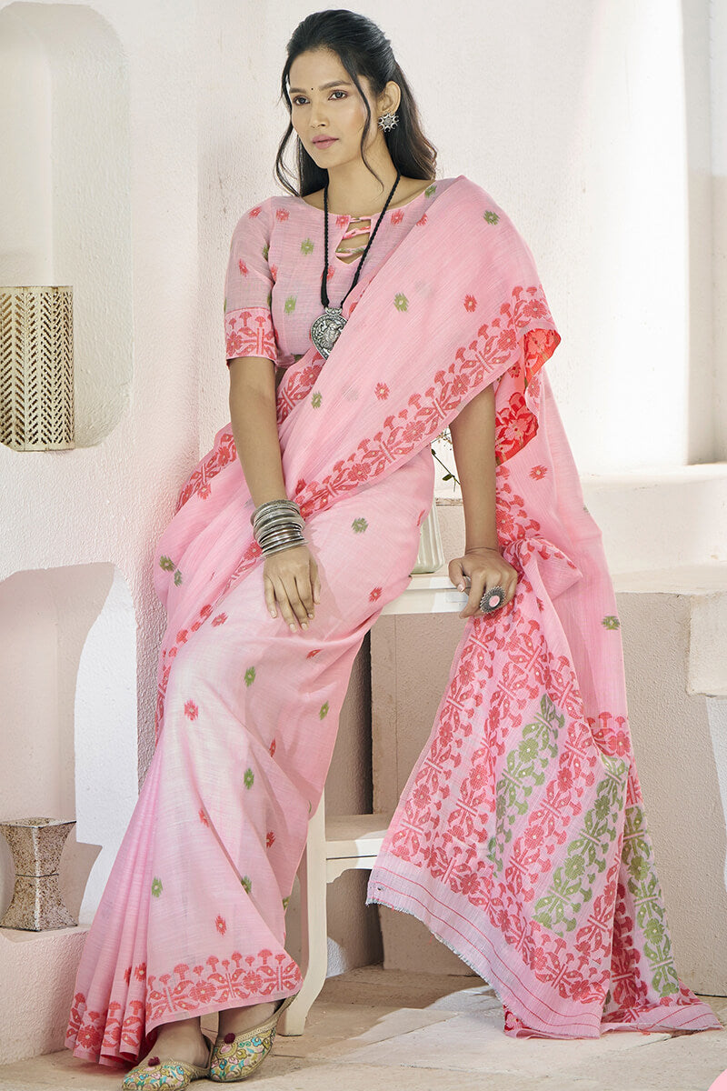 Preferable Pink Cotton Silk Saree With Exquisite Blouse Piece