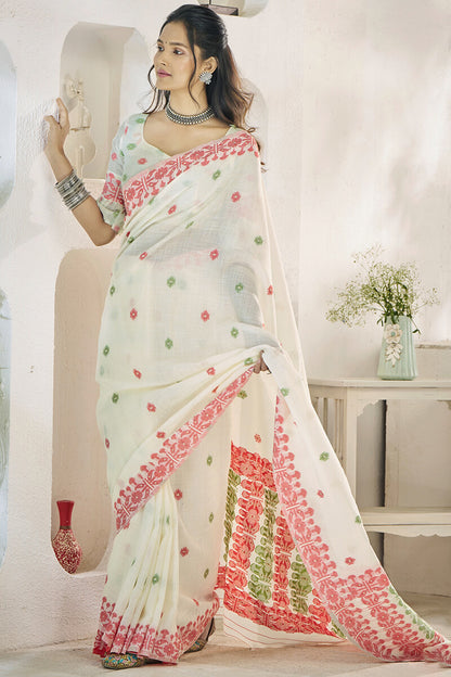 Epiphany Beige Cotton Silk Saree With Murmurous Blouse Piece