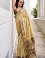 Quintessential Beige Soft Banarasi Silk Saree With Serendipity Blouse Piece