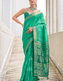 Exquisite Sea Green Soft Banarasi Silk Saree With Pulsating Blouse Piece