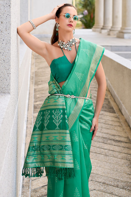 Load image into Gallery viewer, Exquisite Sea Green Soft Banarasi Silk Saree With Pulsating Blouse Piece
