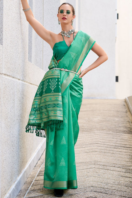 Load image into Gallery viewer, Exquisite Sea Green Soft Banarasi Silk Saree With Pulsating Blouse Piece
