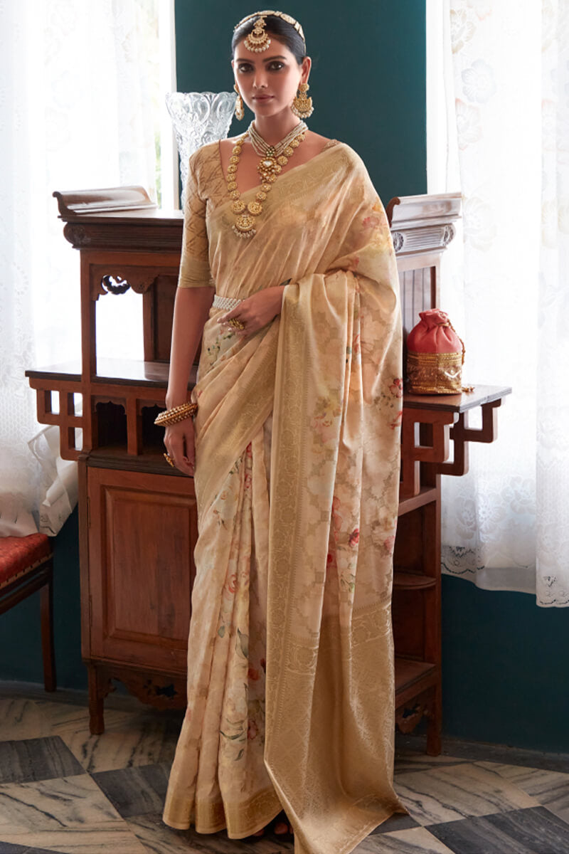 Extraordinary Beige Soft Banarasi Silk Saree With Capricious Blouse Piece