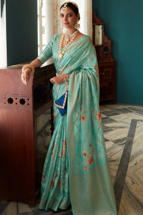 Load image into Gallery viewer, Intricate Firozi Soft Banarasi Silk Saree With Jazzy Blouse Piece
