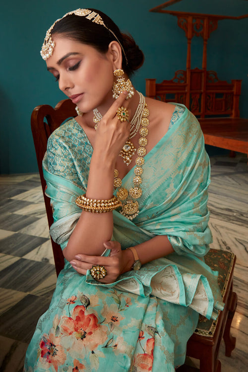 Load image into Gallery viewer, Intricate Firozi Soft Banarasi Silk Saree With Jazzy Blouse Piece
