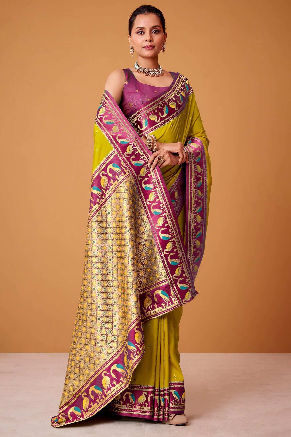 Gorgeous Mustard Banarasi Satin Silk Saree With Prodigal Blouse