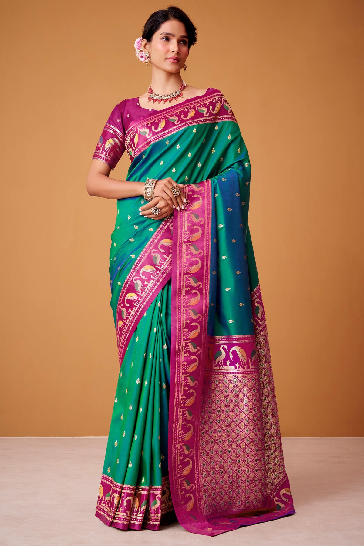 Fairytale Green Banarasi Satin Silk Saree With Ineffable Blouse