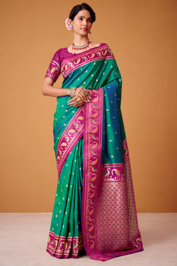 Fairytale Green Banarasi Satin Silk Saree With Ineffable Blouse