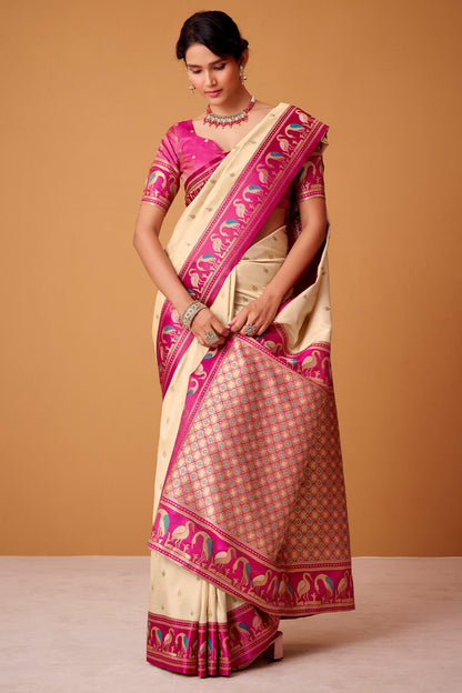 Classic Beige Banarasi Satin Silk Saree With Captivating Blouse