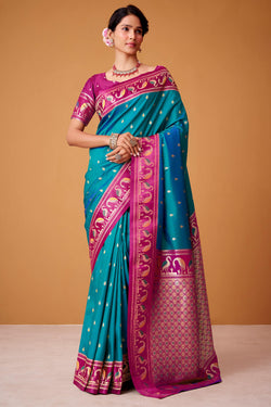 Flamboyant Blue Banarasi Satin Silk Saree With Verdant Blouse