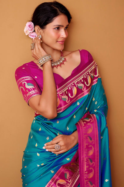 Flamboyant Blue Banarasi Satin Silk Saree With Verdant Blouse