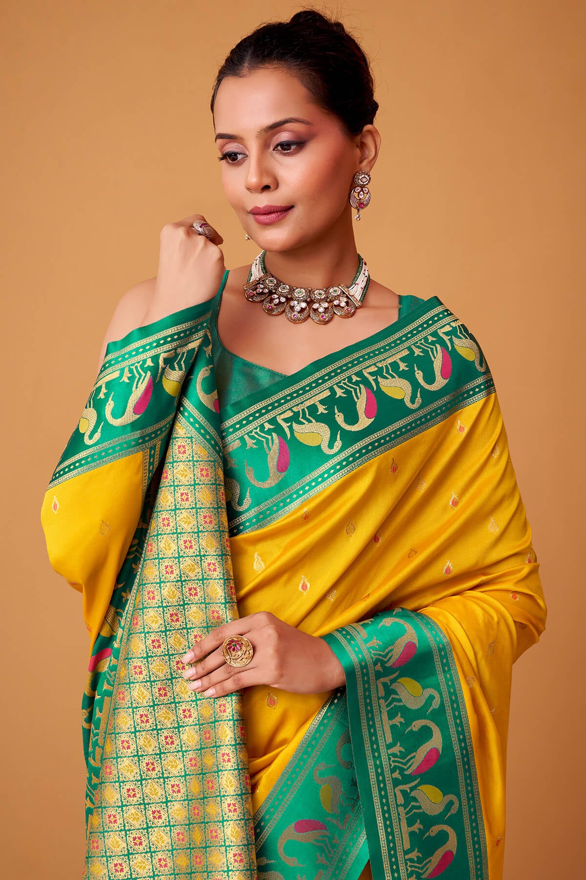 Symmetrical Yellow Banarasi Satin Silk Saree With Desuetude Blouse