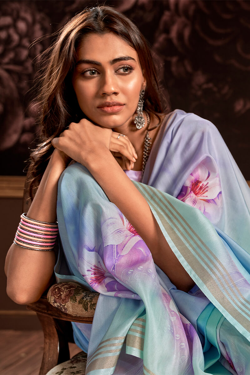 Petrichor Sky Digital Printed Soft Silk Saree With Snazzy Blouse Piece