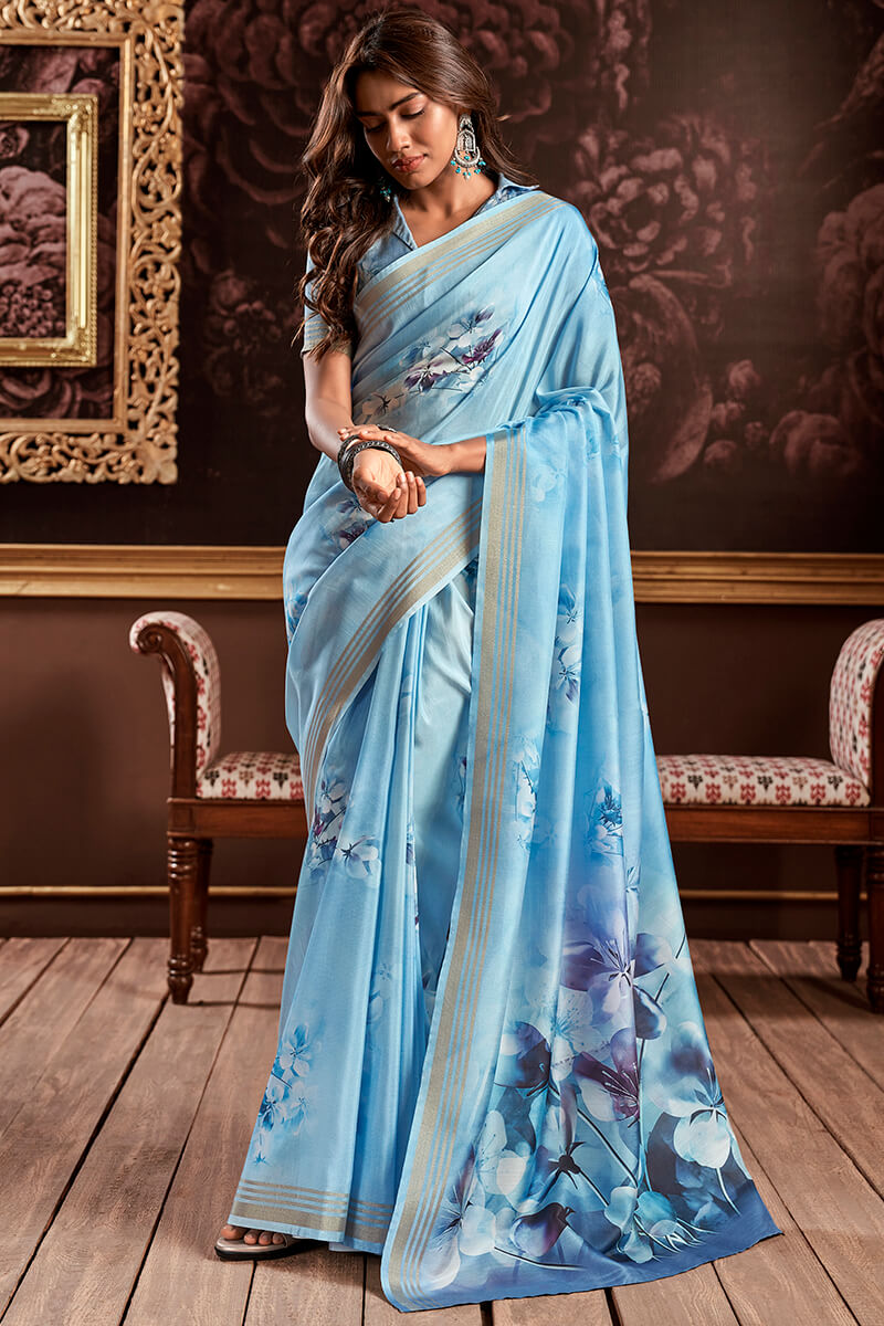 Tremendous Firozi Digital Printed Soft Silk Saree With Quixotic Blouse Piece